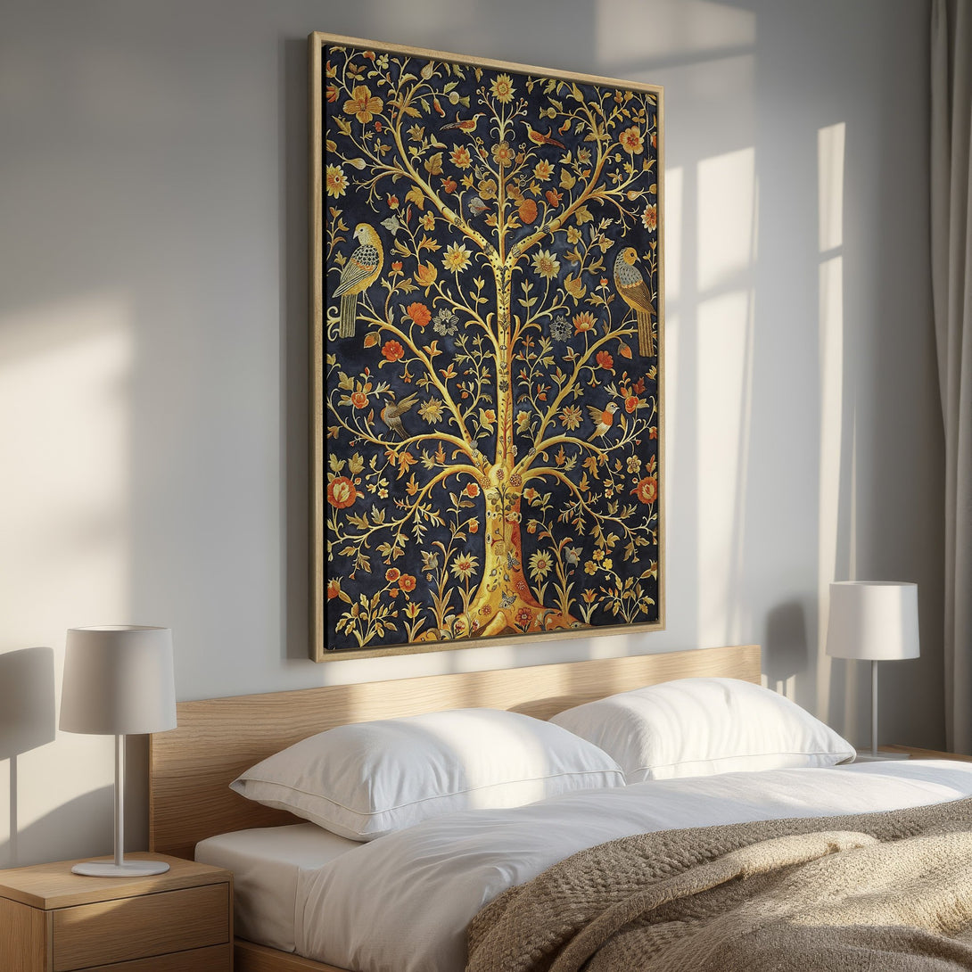 Framed Wall Art: Elegant tree of life design in gold and navy. Perfect for bedroom decor. Adds a touch of vintage style with a warm color palette.