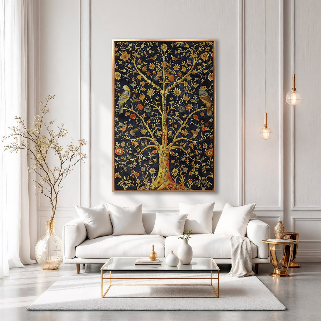 Framed Wall Art featuring a detailed tree design in gold, orange, and blue tones. Adds elegance to any living room.