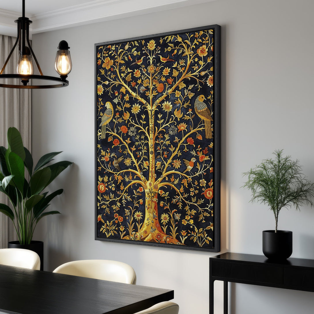 Framed Wall Art: Elegant tree of life design in a dark blue and gold color palette. Enhance your living space with this beautiful canvas print!