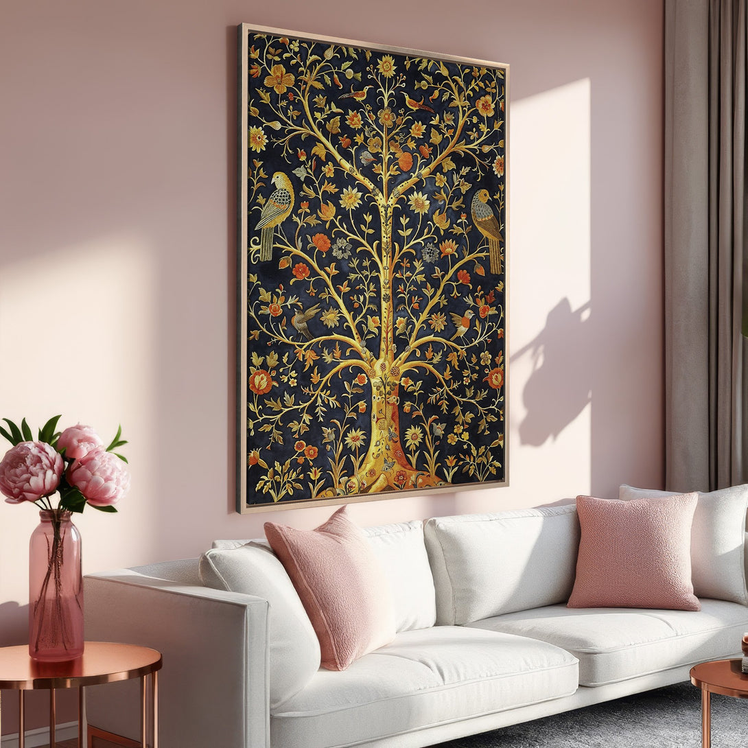 Framed Wall Art: Elegant tree of life design in gold, orange, and navy. Perfect for adding a touch of sophistication to your living room. Shop now!