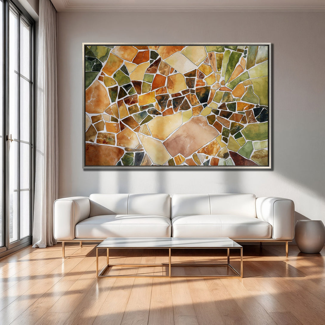 Framed Wall Art: Abstract mosaic in warm earth tones. Modern living room decor with a neutral color palette. Elevate your space with this stunning artwork!