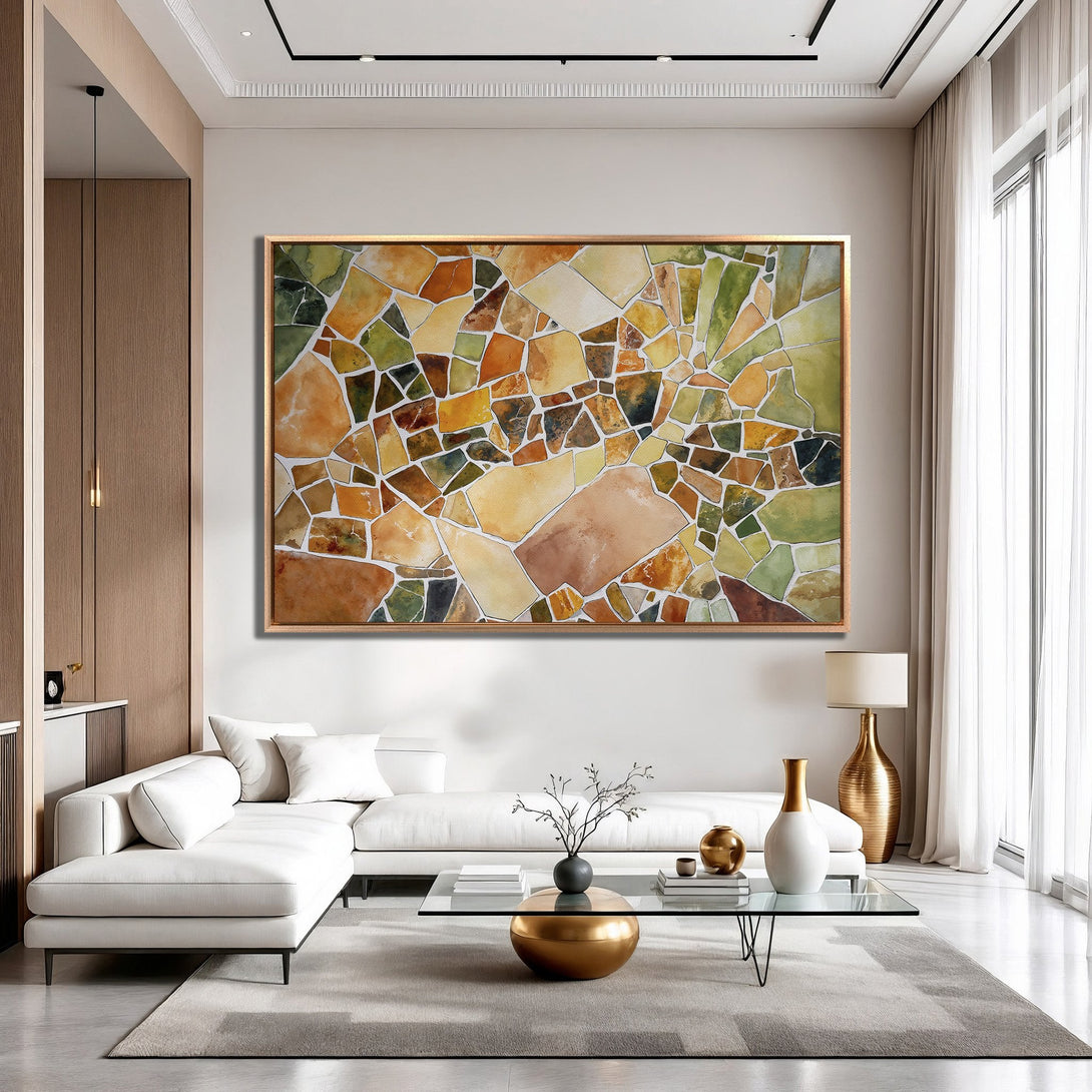 Framed Wall Art: Abstract mosaic art in warm earth tones of orange, green, and yellow. Perfect for modern living room decor.