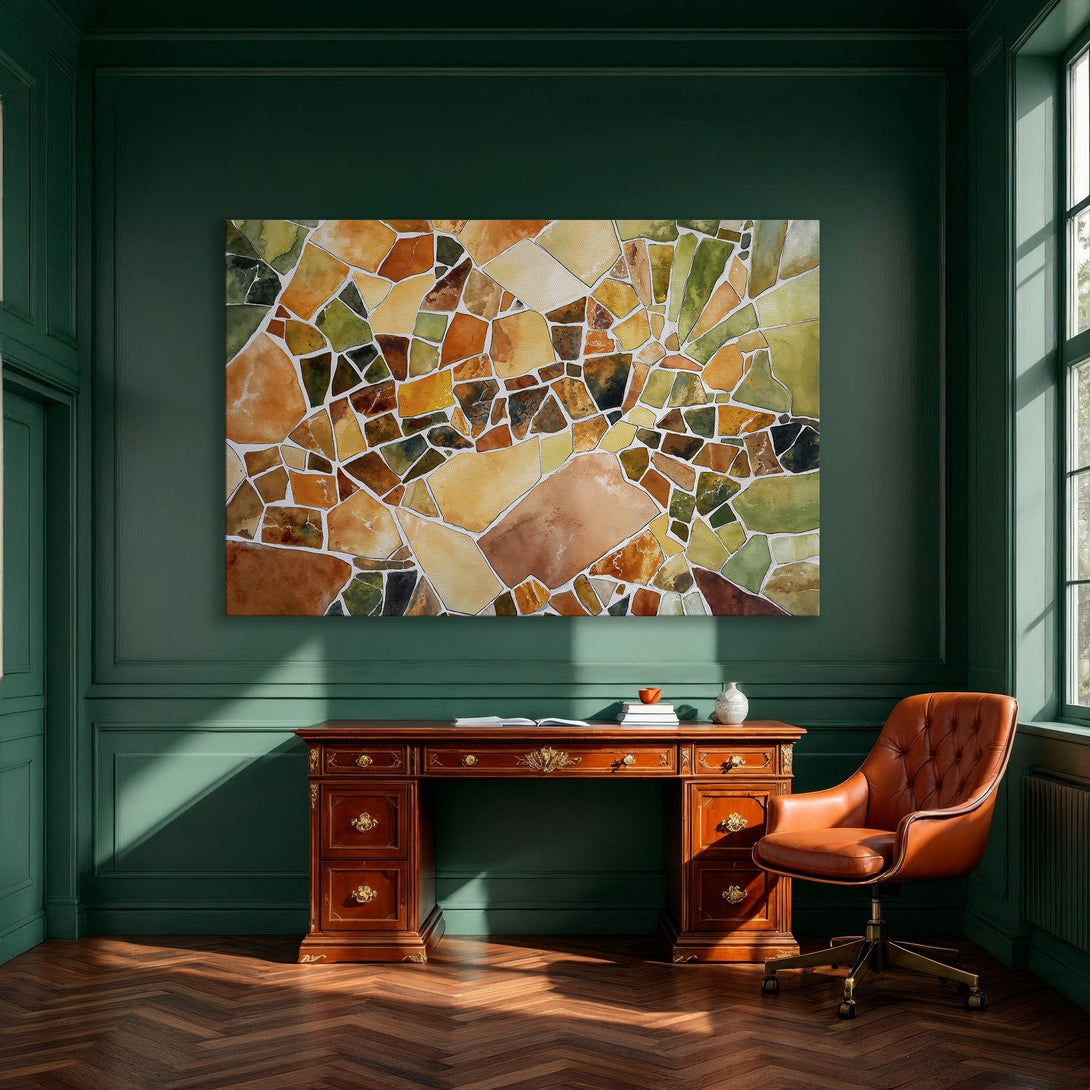 Framed Wall Art: Abstract mosaic design in warm orange, green, and brown tones. Modern art canvas print for dining room decor.