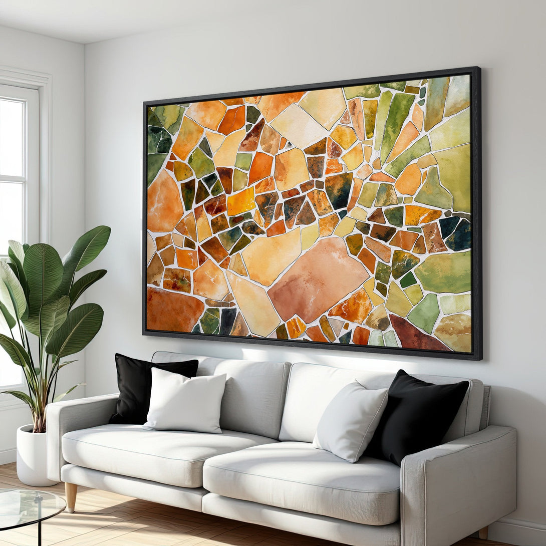 Framed Wall Art: Abstract mosaic canvas print in warm earth tones. Adds a pop of color and modern style to any living room. Shop now!