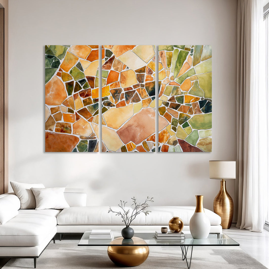 Abstract Canvas Print art in warm orange, green, and yellow tones. Modern wall decor for living room. Enhance your space with this stunning piece!
