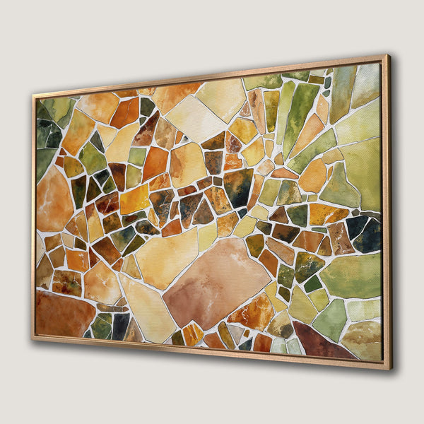 Framed Wall Art featuring an abstract mosaic design in warm earth tones of orange, green, and brown. Perfect for adding a touch of modern art to your space.