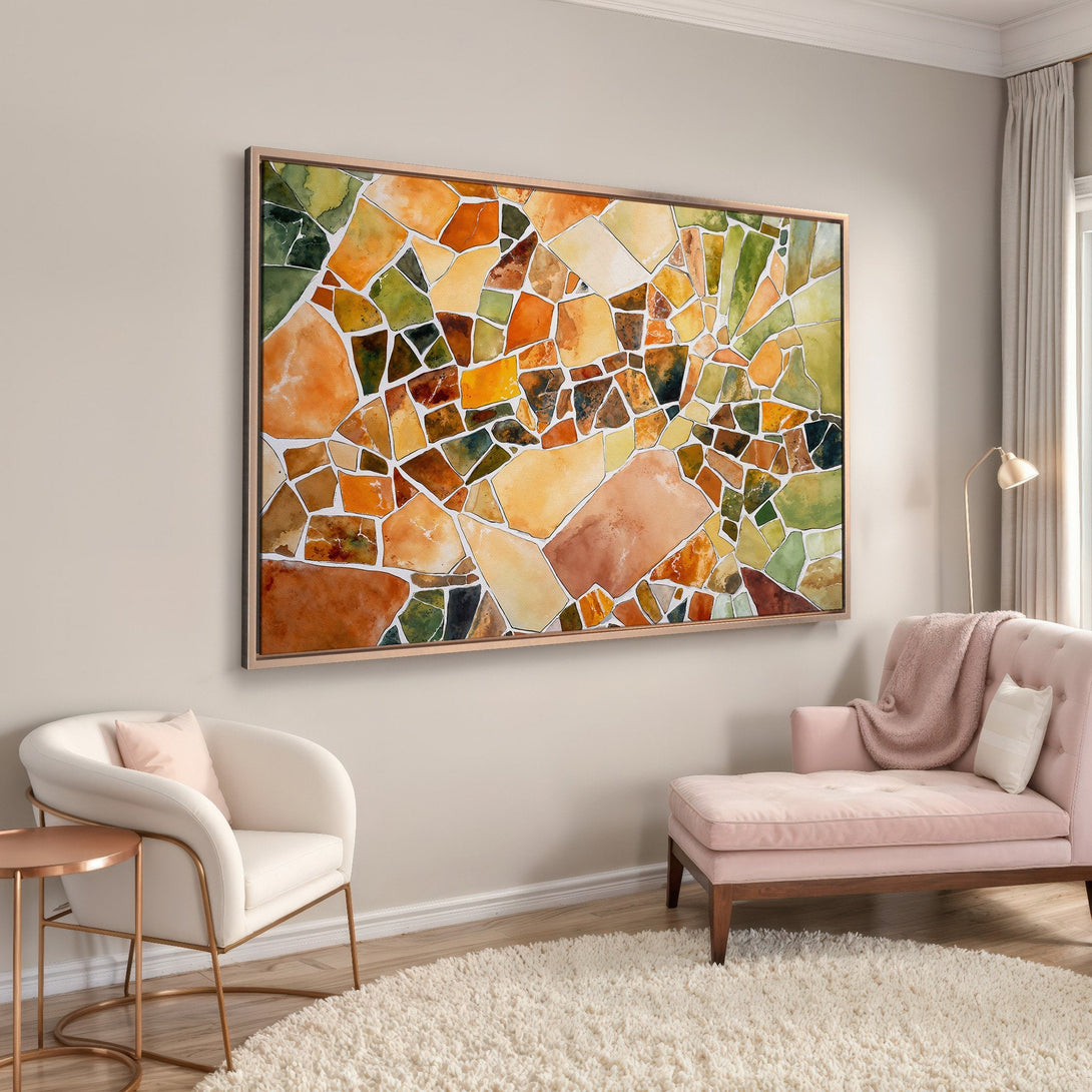 Framed Wall Art: Abstract mosaic design in warm orange and green tones. Modern art for living room decor.
