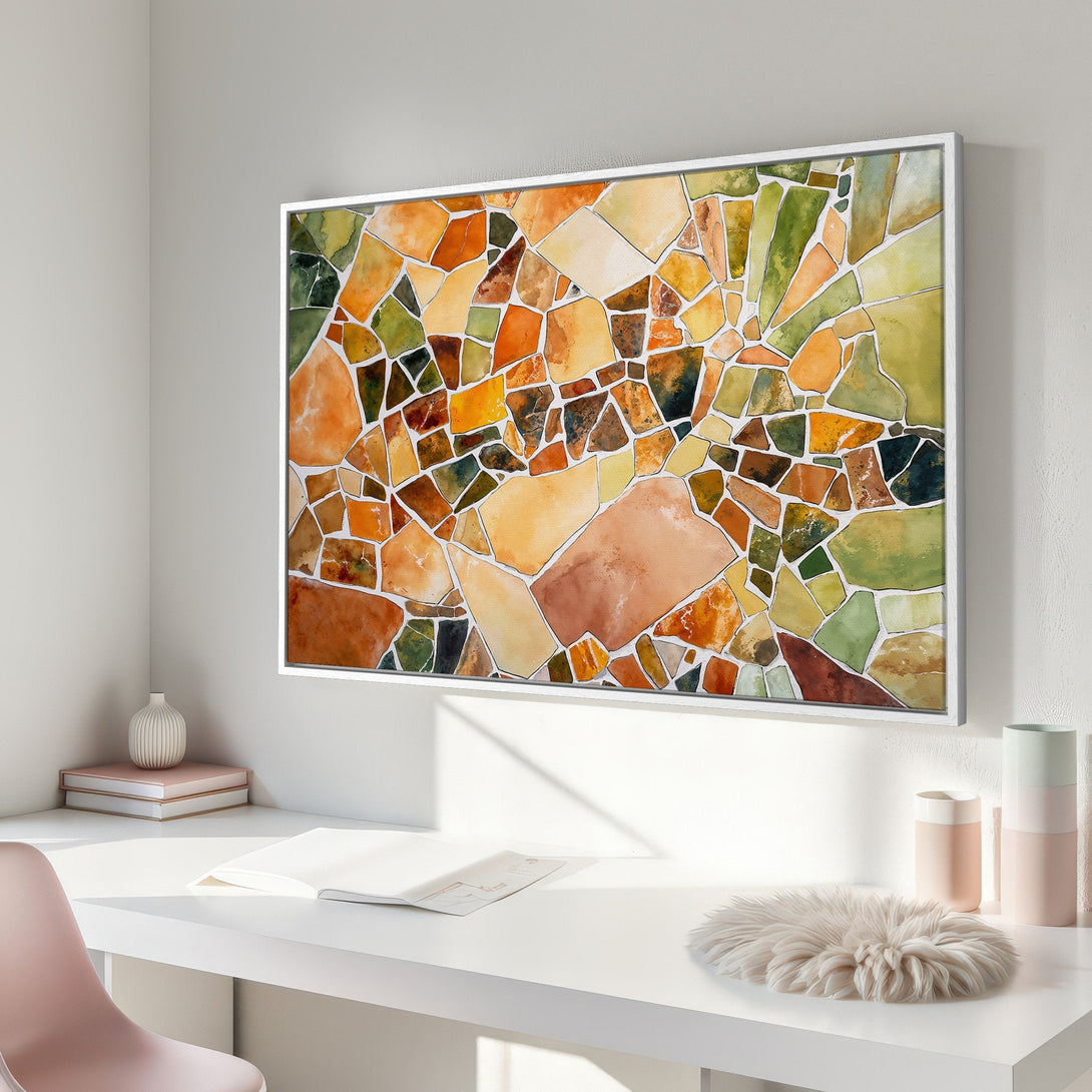 Framed Wall Art featuring a vibrant mosaic design in warm orange, green, and yellow tones. Perfect for adding a pop of color and artistic flair to any space.