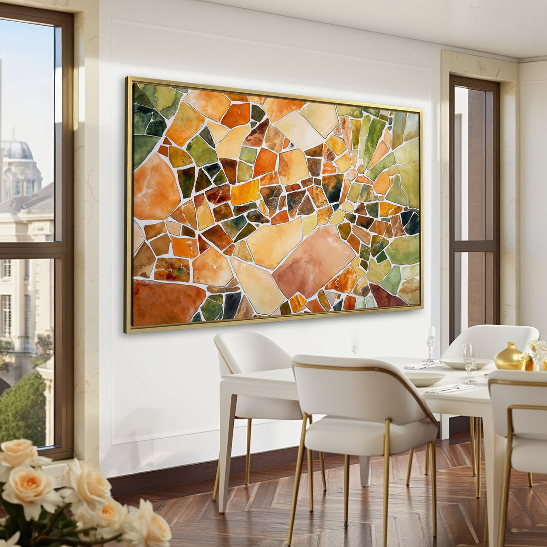 Canvas Print of abstract mosaic art in warm earth tones, displayed in a stylish, green-walled interior for home decor inspiration.