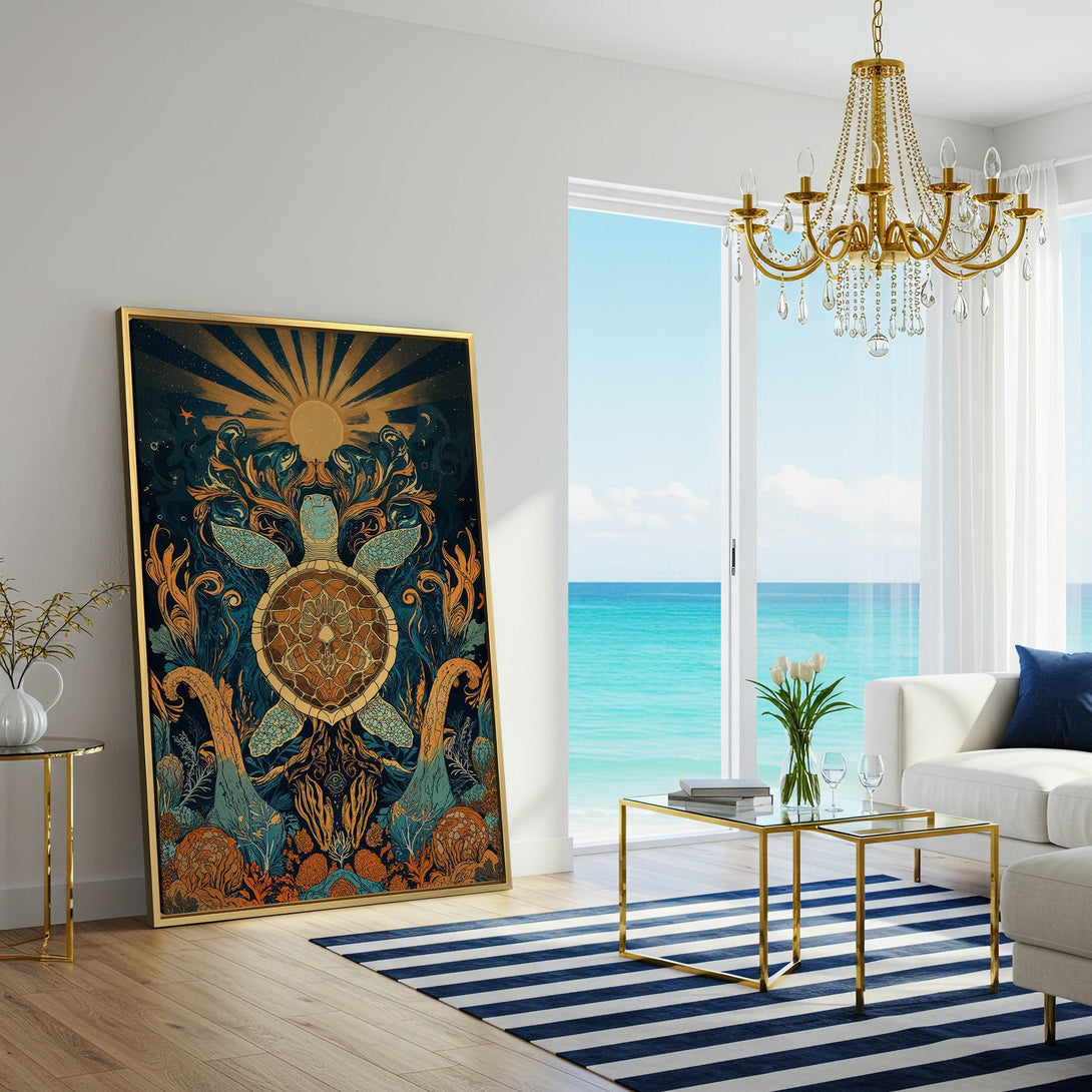 Canvas Print of a sea turtle art piece in a boho style, featuring a blue, gold, and teal color palette, perfect for home decor.