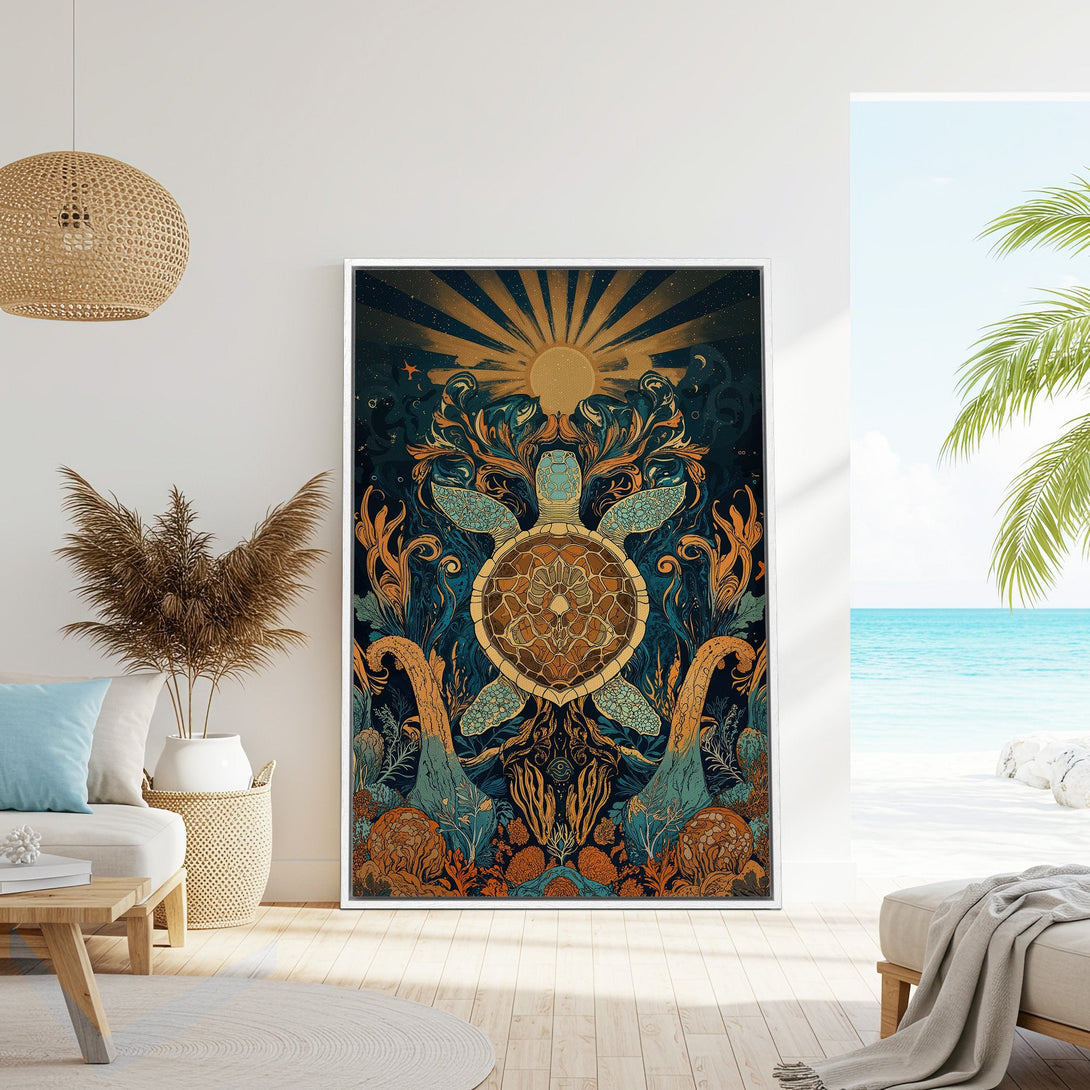 Framed Wall Art featuring a detailed turtle illustration in a bohemian style. Rich blues, greens, and warm orange tones create a vibrant coastal aesthetic.
