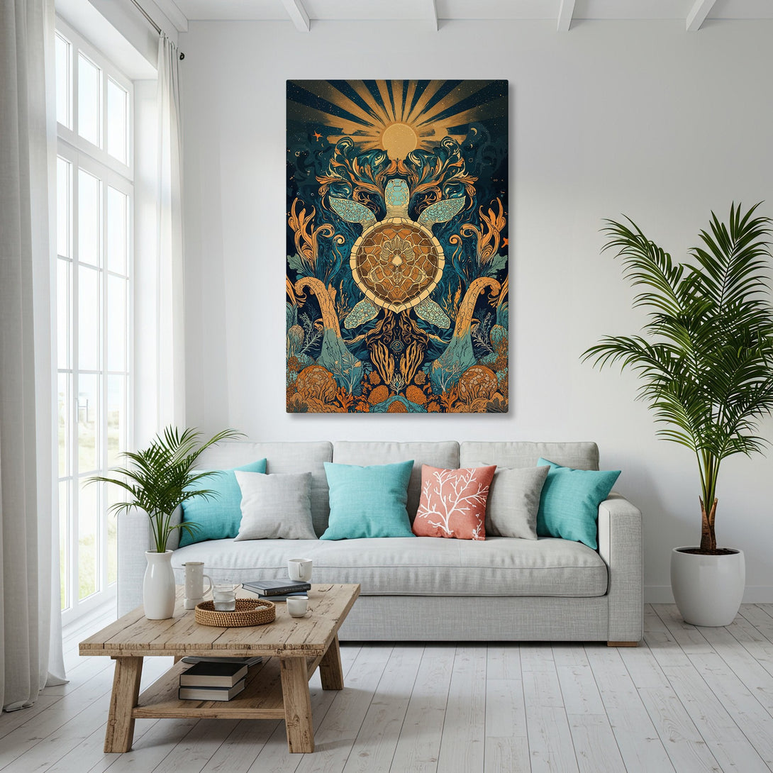Framed Wall Art: Coastal-themed turtle art in teal, gold, and navy. Adds a touch of bohemian style to any room. Perfect for beach house decor.