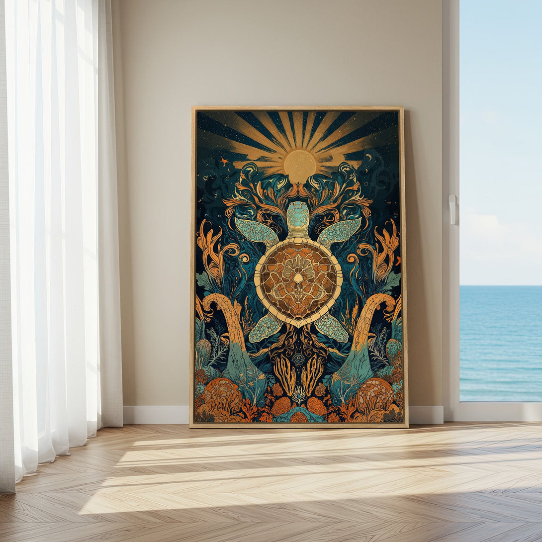 Framed Wall Art: Boho turtle art in teal, gold, and orange. Perfect coastal decor for your home. Shop now!