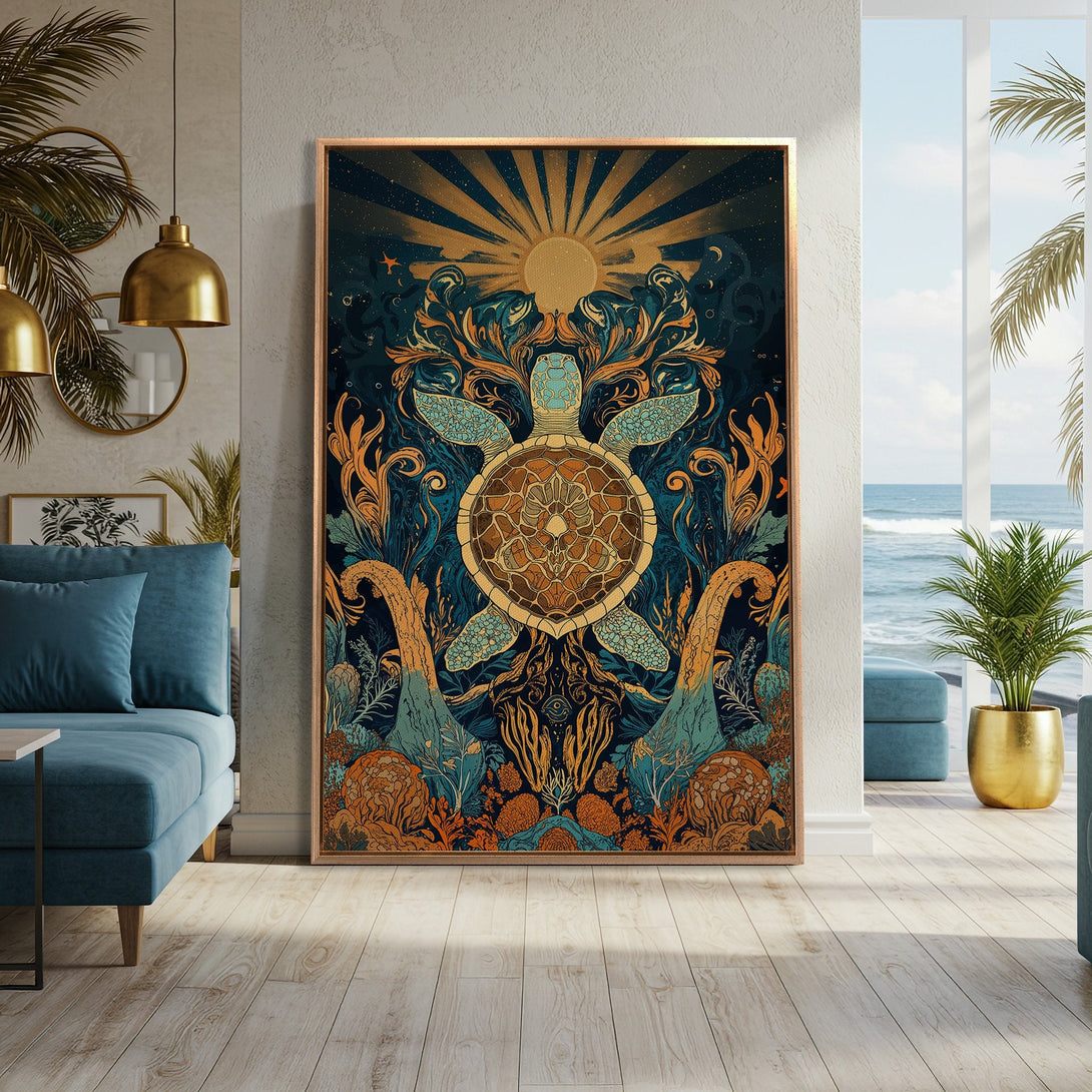 Framed Wall Art featuring a detailed sea turtle design in a bohemian style with a blue, gold, and teal color palette. Perfect for coastal decor!