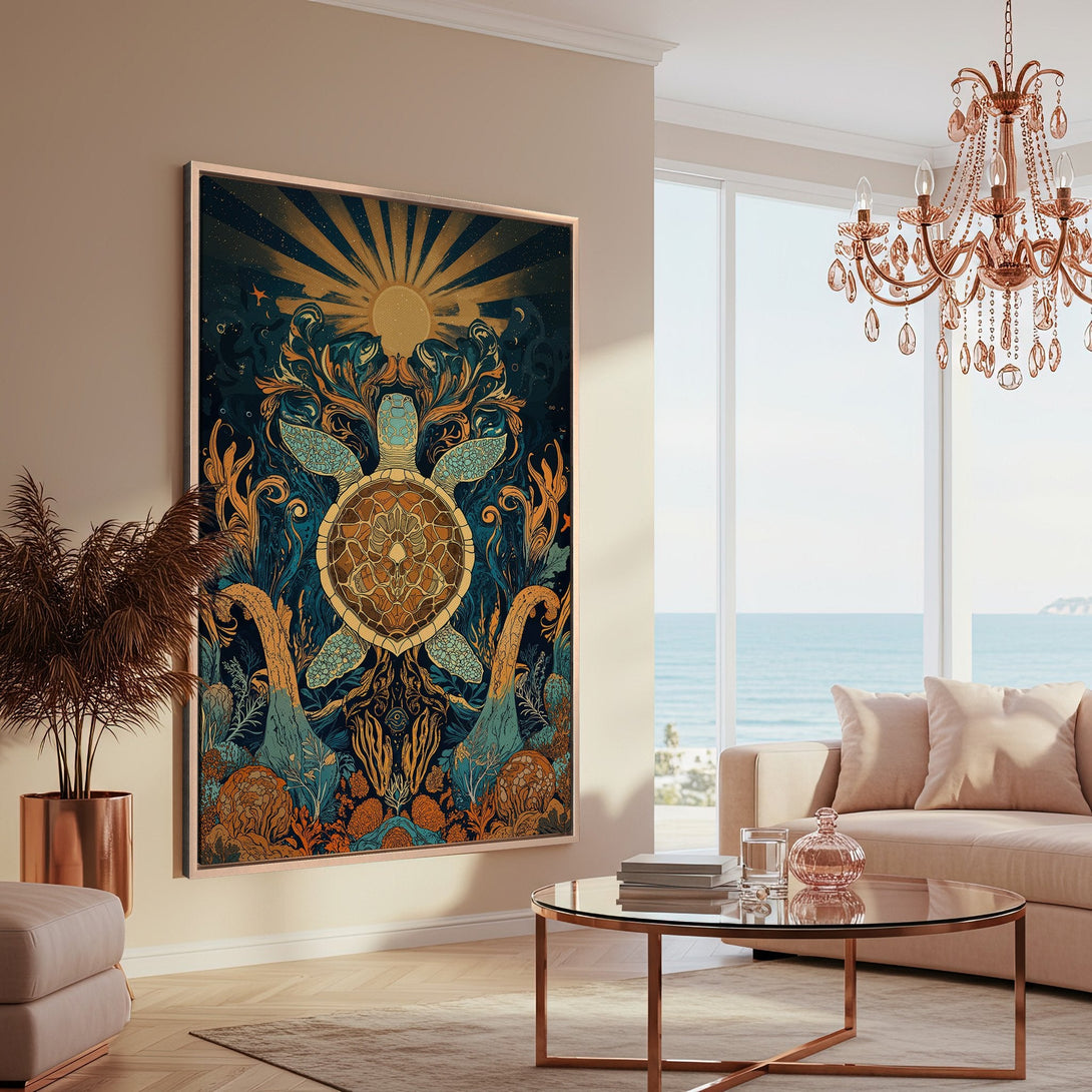 Framed Wall Art featuring a detailed sea turtle design in a boho style, with a teal, gold, and navy color palette, displayed in a modern living room.