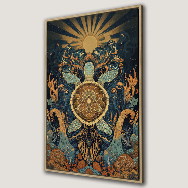 Framed Wall Art featuring a stylized sea turtle in a vibrant, Art Nouveau style. Earthy tones of blue, gold, and brown create a stunning, unique canvas print.