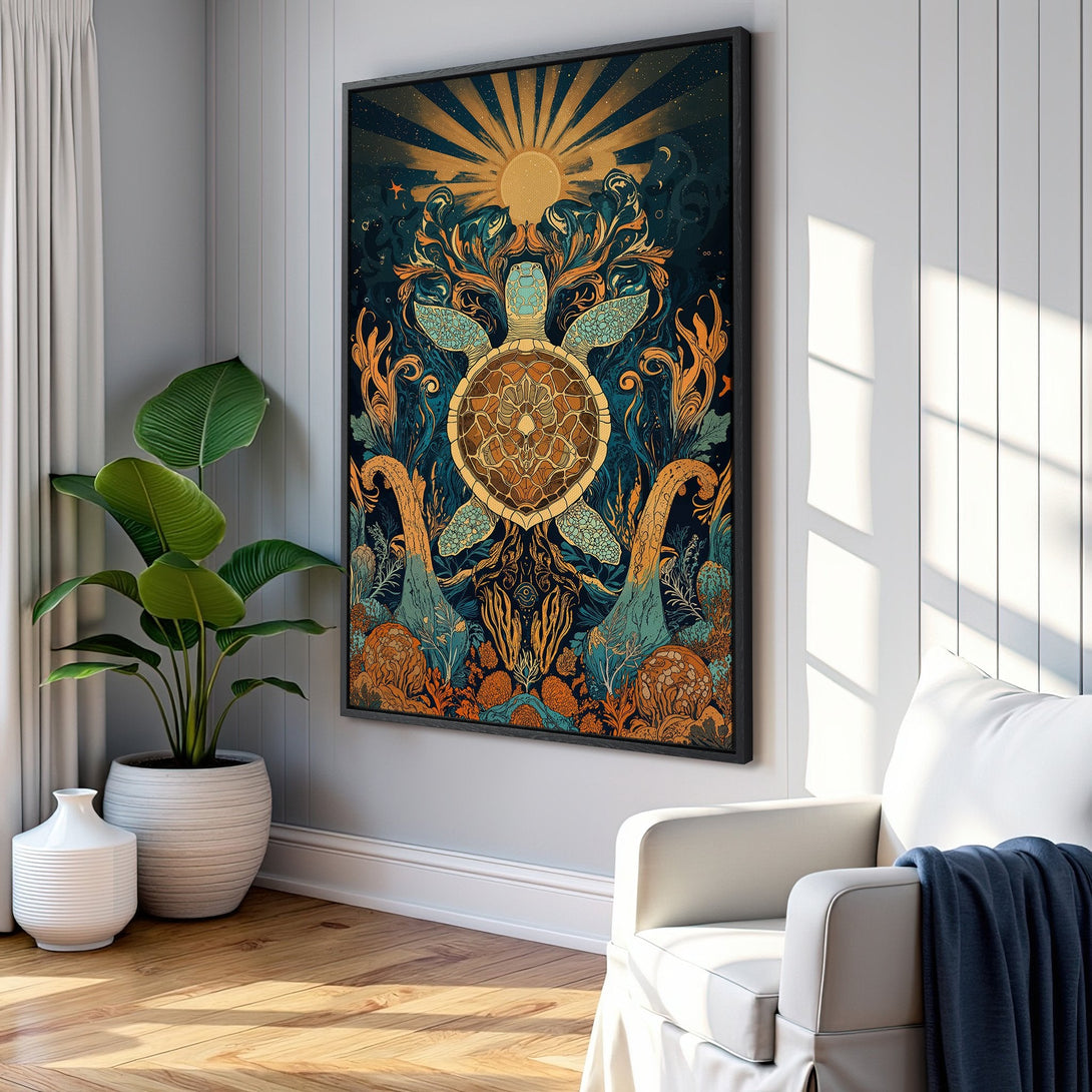 Framed Wall Art featuring a stylized turtle in teal, orange, and gold, displayed in a modern interior. Perfect for adding a touch of nature-inspired art to your home.