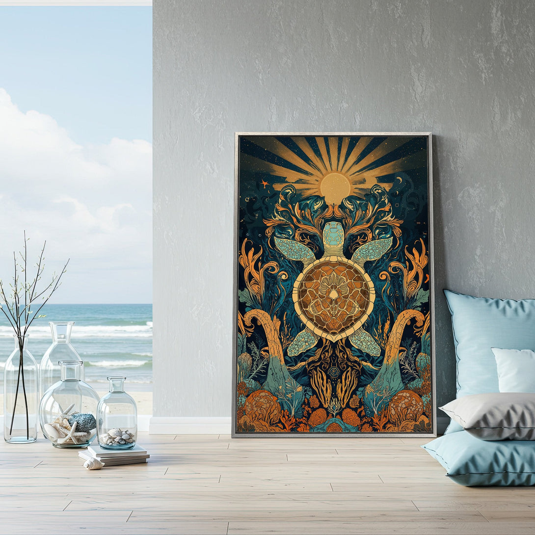 Framed Wall Art featuring a sea turtle illustration in a bohemian style with a teal, gold, and navy color palette, perfect for coastal decor.