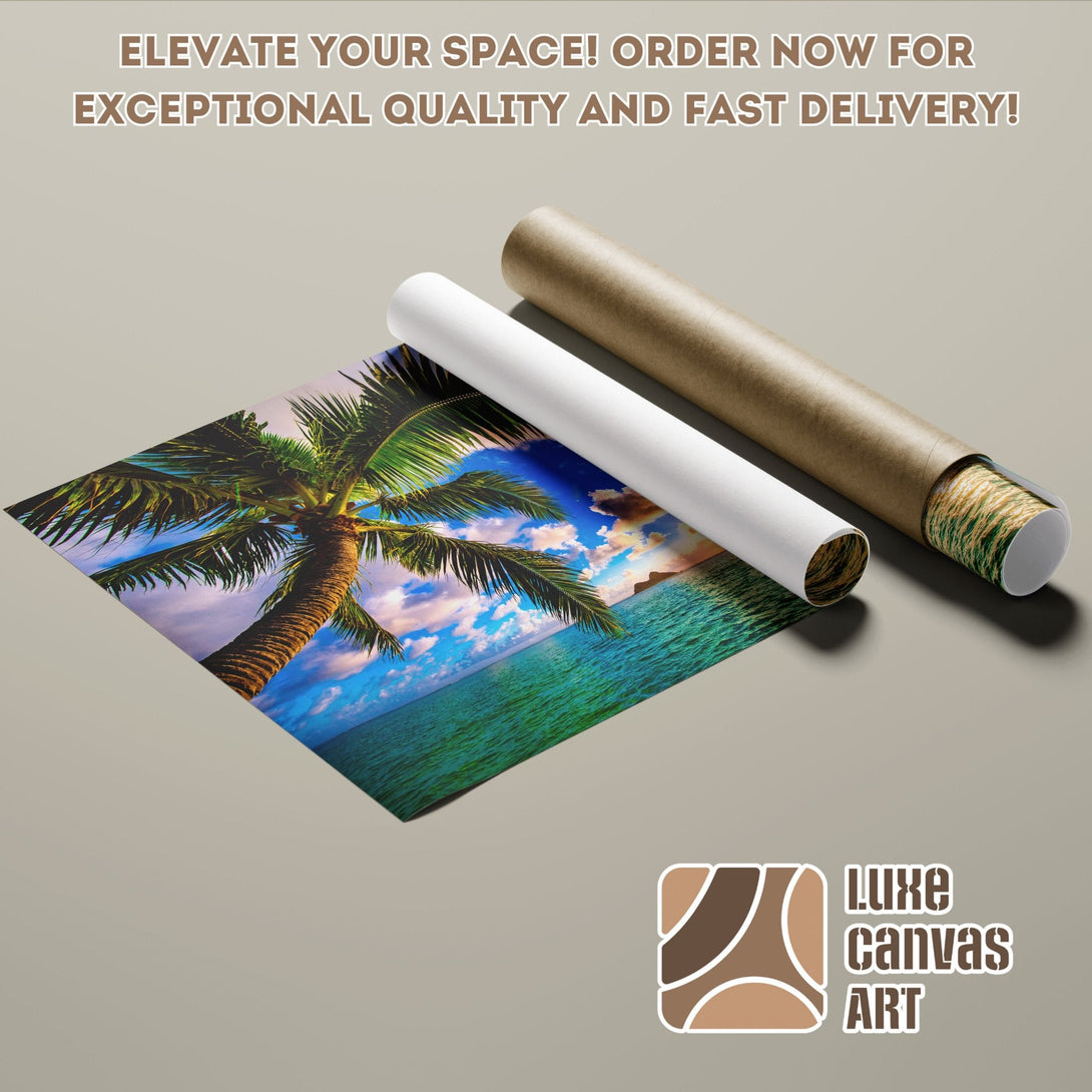Palm tree Poster Roll art print, vibrant tropical scene with blue, green, and brown hues. Elevate your space!