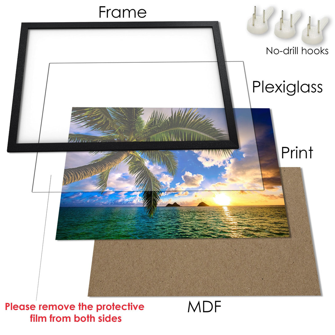 Framed Poster of tropical beach scene. Vibrant colors, palm tree silhouette, and sunset. Perfect wall art for your home!