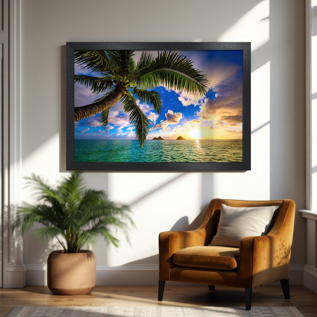 Framed Poster featuring a tropical beach scene with palm tree, vibrant colors, and a sunset. Perfect wall art!
