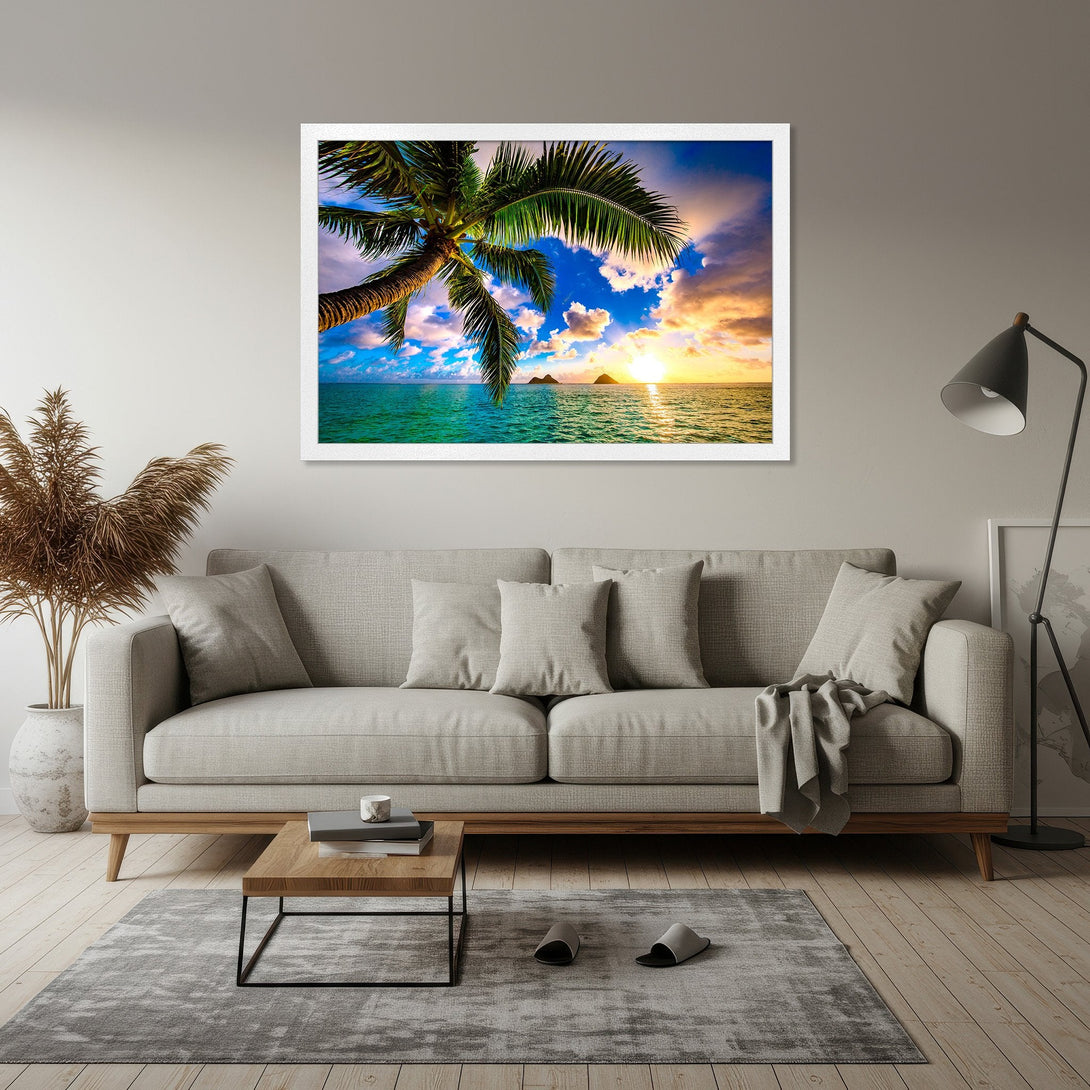 Framed Poster of a tropical sunset with palm tree. Vibrant colors of blue, green, and gold. Perfect wall art for a coastal vibe.