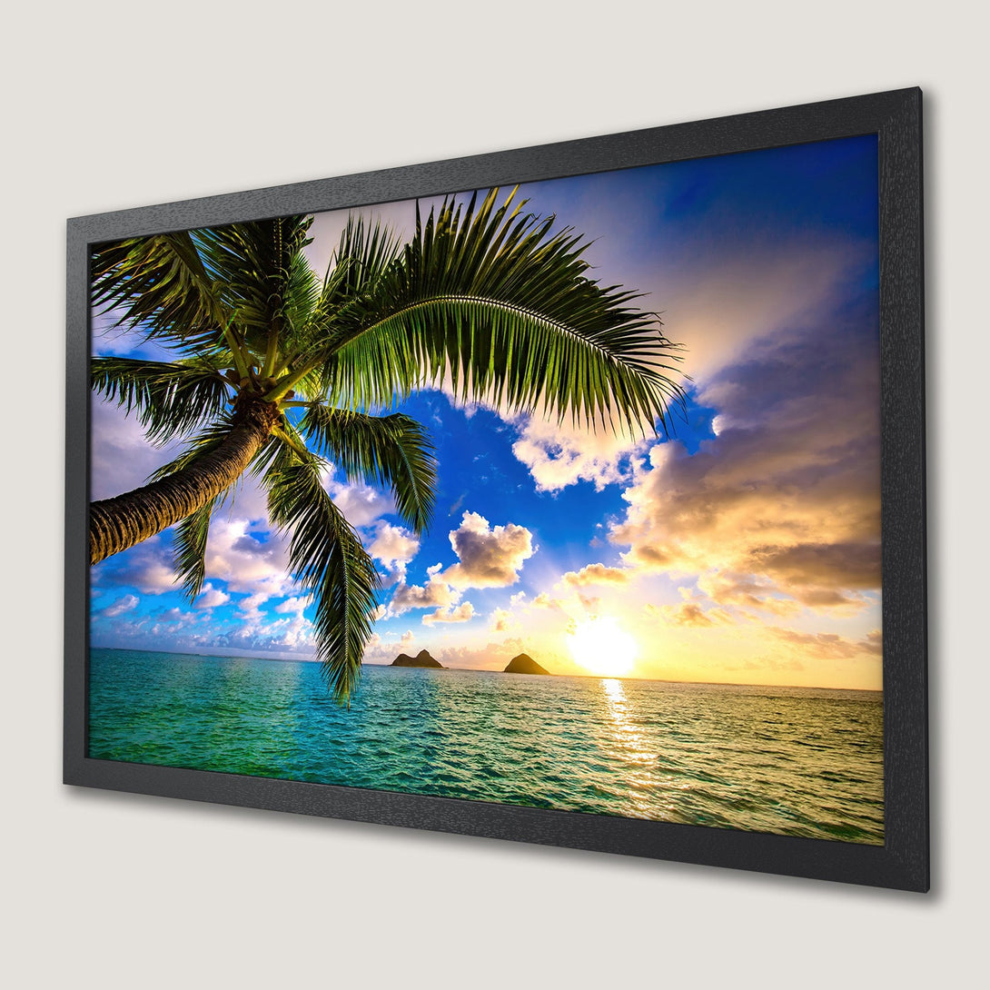 Framed Poster of a tropical beach scene with palm tree, vibrant colors. Perfect wall art for a relaxing vibe.