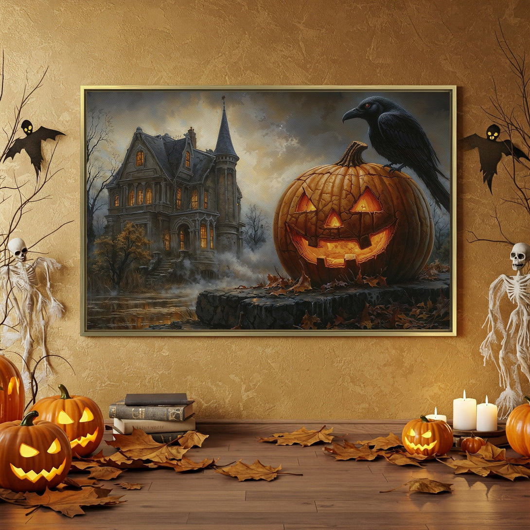 Canvas Print: Spooky Halloween decor featuring a haunted house, carved pumpkin, and raven. Warm orange and black color palette creates a festive, eerie atmosphere.