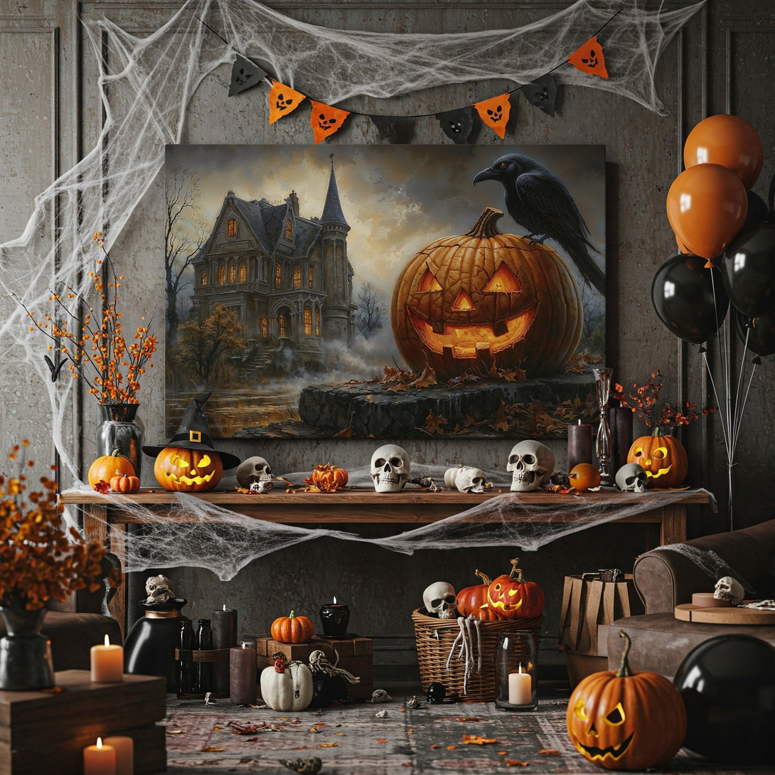 Framed Wall Art: Spooky Halloween scene with haunted house, jack-o'-lantern, and raven. Dark, moody color palette perfect for seasonal decor. Add a touch of fright!