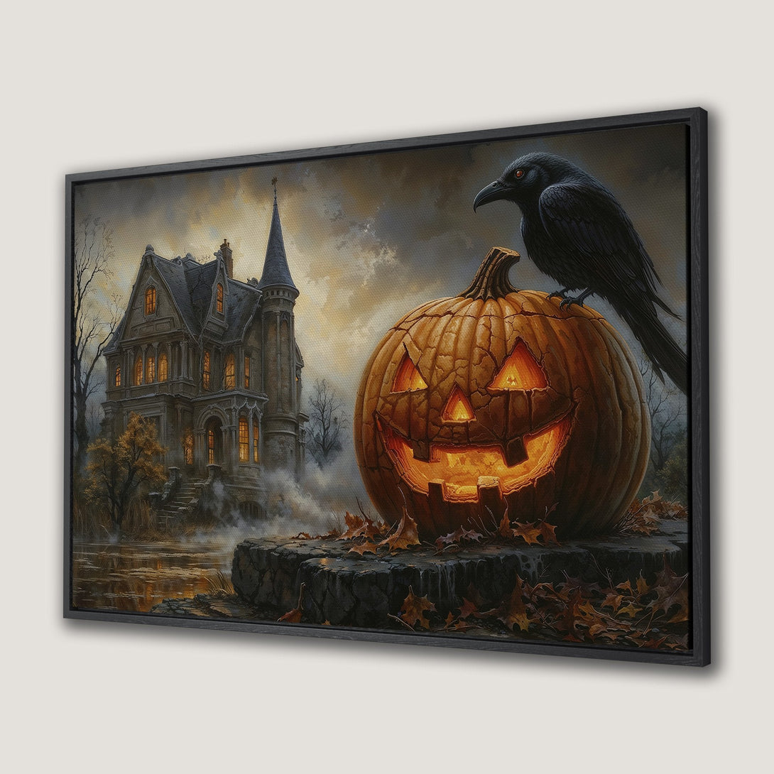 Framed Wall Art: Spooky Halloween scene with a glowing jack-o-lantern, raven, and haunted house. Warm, autumnal color palette. Perfect for seasonal decor.