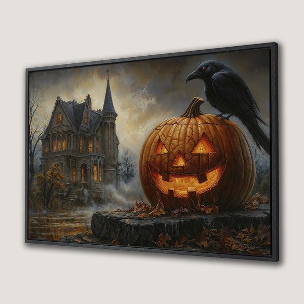 Framed Wall Art: Spooky Halloween scene with a glowing jack-o-lantern, raven, and haunted house. Warm, autumnal color palette. Perfect for seasonal decor.