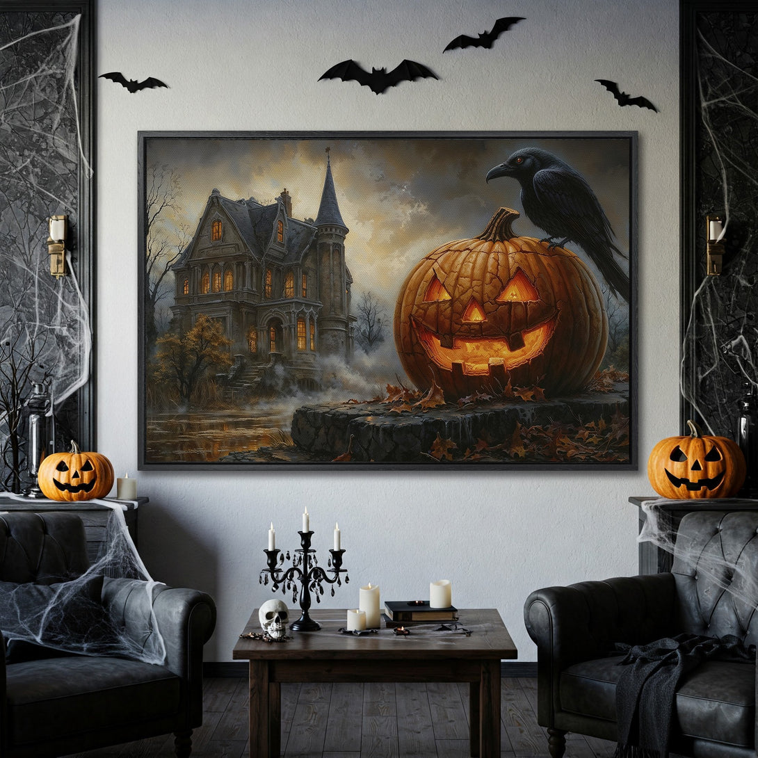 Framed Wall Art: Spooky Halloween scene with haunted house & jack-o'-lantern. Dark, moody color palette perfect for seasonal decor.