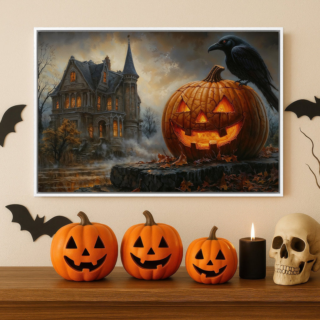 Framed Wall Art: Spooky Halloween scene featuring a haunted house, jack-o'-lantern, and crow. Warm orange, brown, and gray color palette. Perfect for seasonal decor!