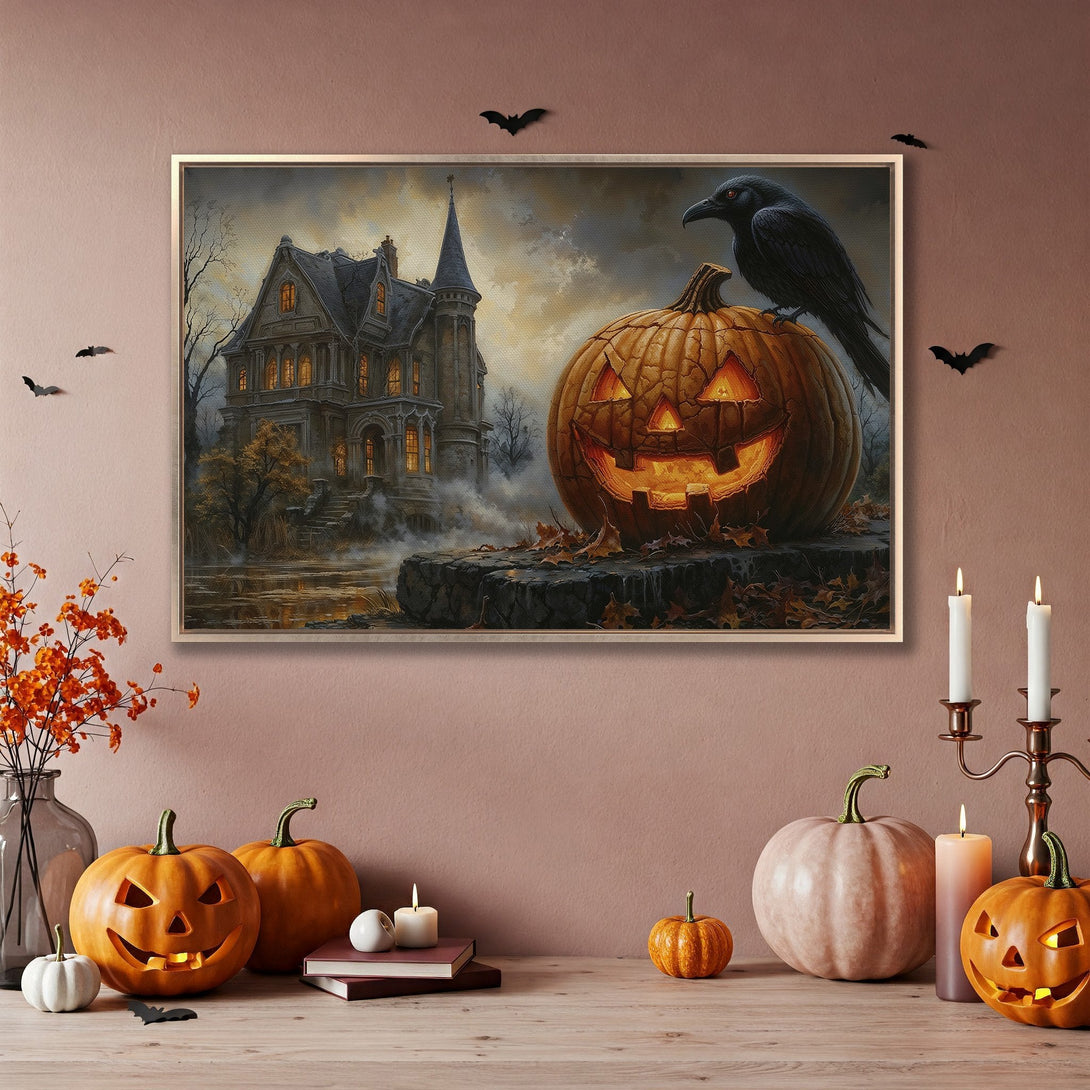 Framed Wall Art: Spooky Halloween scene with haunted house, jack-o'-lantern, and raven. Warm, autumnal color palette perfect for seasonal decor.