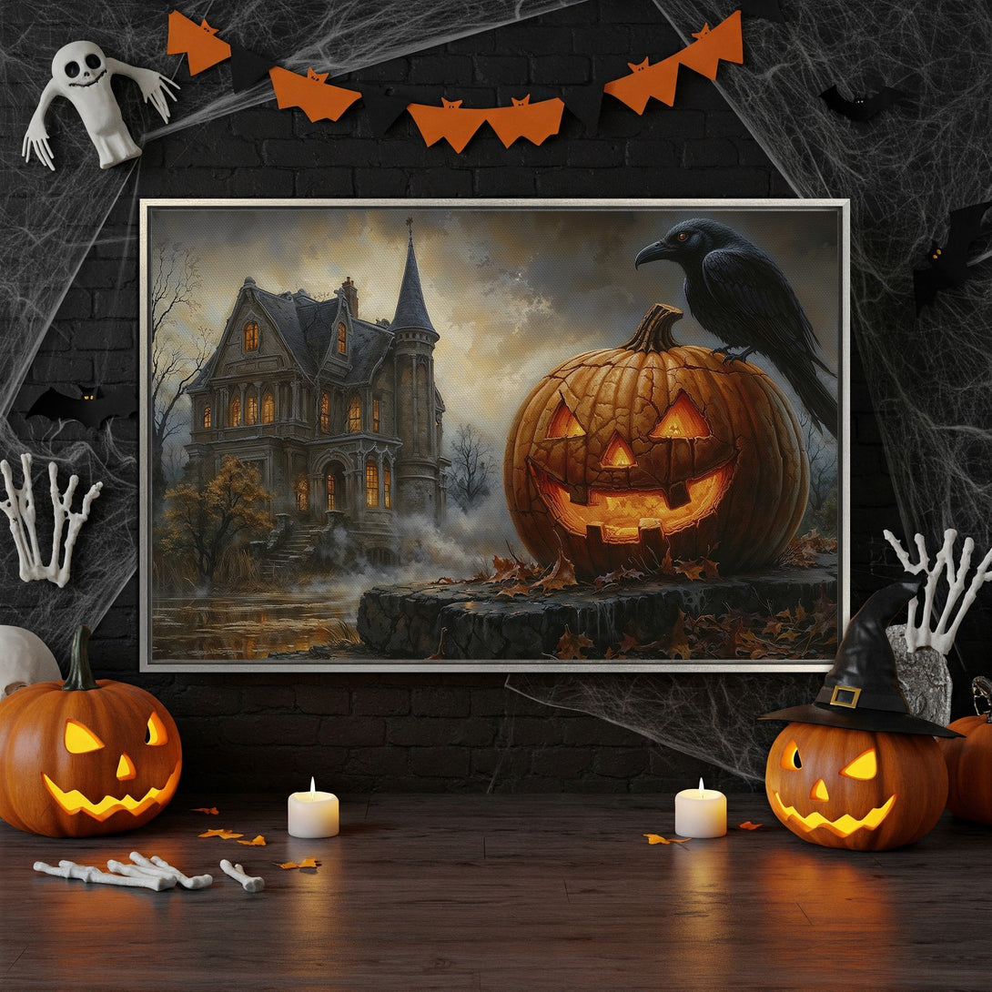 Framed Wall Art: Spooky Halloween scene with a haunted house, jack-o'-lantern, and raven. Warm orange and brown tones create a festive atmosphere.