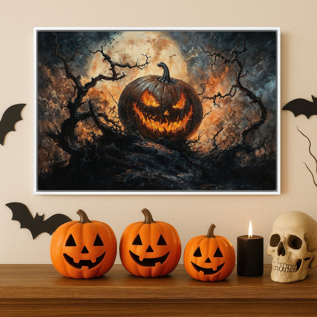 Framed Wall Art featuring a spooky Halloween pumpkin scene with a warm orange and dark color palette. Perfect for adding a touch of frightful decor.