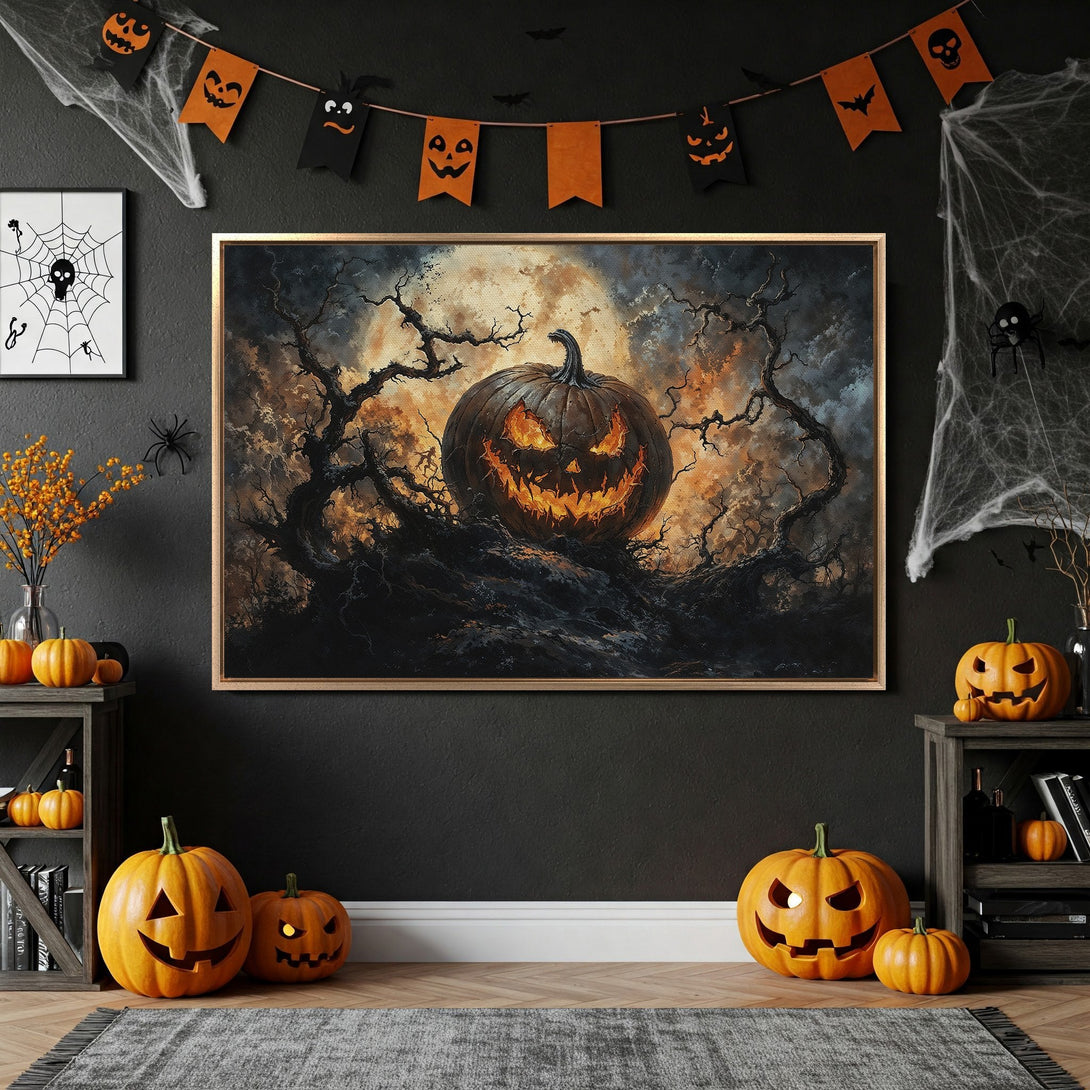 Framed Wall Art: Spooky Halloween pumpkin scene in dark, moody colors. Perfect for fall decor! Add a touch of fright with this canvas print.