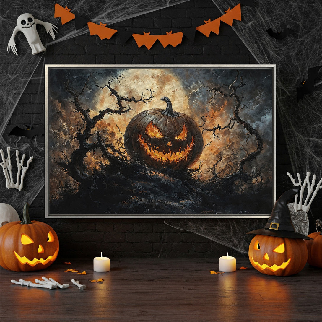 Framed Wall Art: Spooky Halloween pumpkin canvas print in dark, moody tones. Perfect for fall decor! Get yours today!