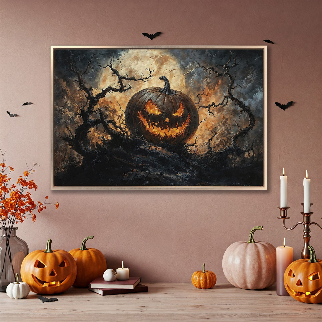 Framed Wall Art: Spooky Halloween pumpkin canvas print in dark, moody colors. Perfect for adding a touch of frightful decor!