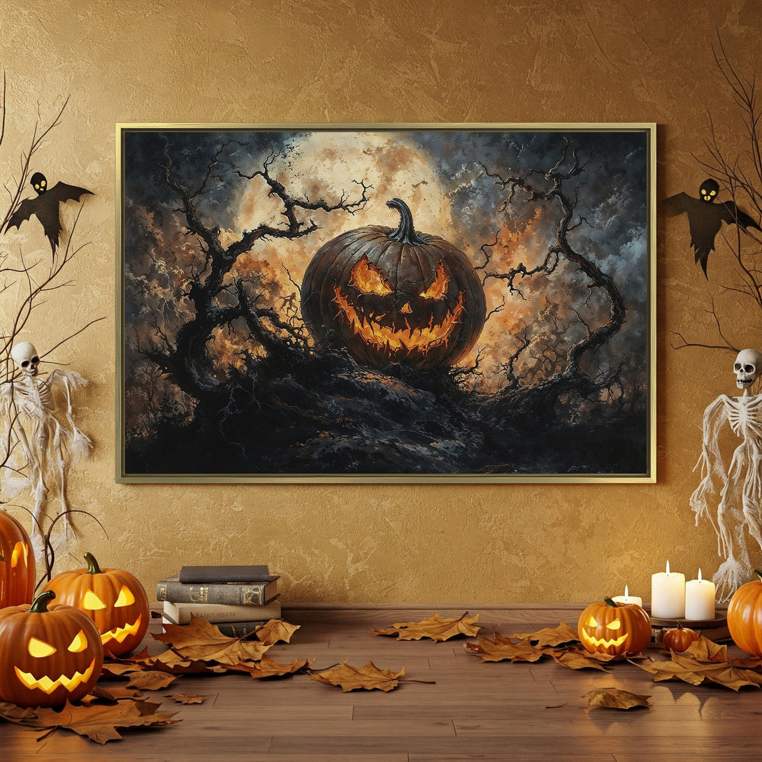 Canvas Print: Spooky Halloween decor featuring a glowing pumpkin against a dark, moody landscape. Orange, black, and grey color palette creates a festive atmosphere.