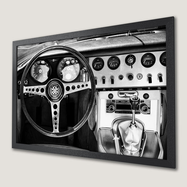Framed Poster of classic car interior in black and white. Stylish vintage design, perfect for car enthusiasts.