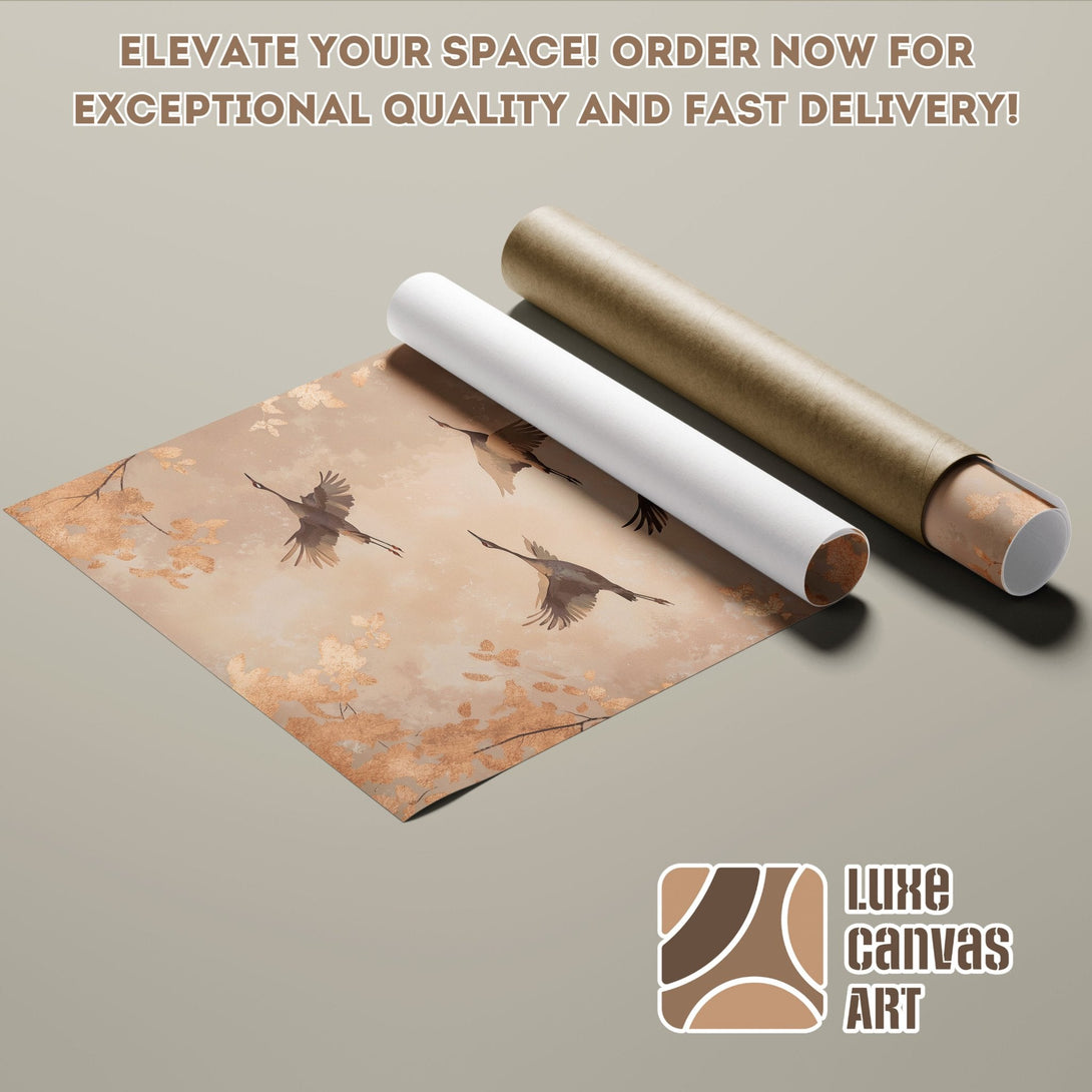 Poster Roll featuring crane art in a neutral, warm color palette. Elevate your space with this beautiful print!