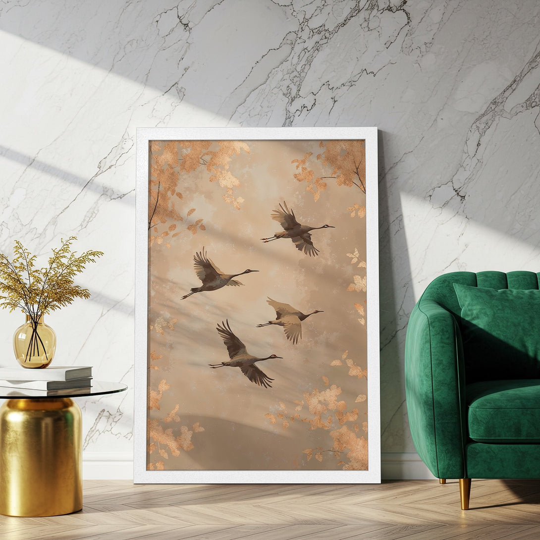 Framed Poster featuring cranes in flight. Elegant, minimalist style with a warm, neutral color palette. Perfect wall art for your home!