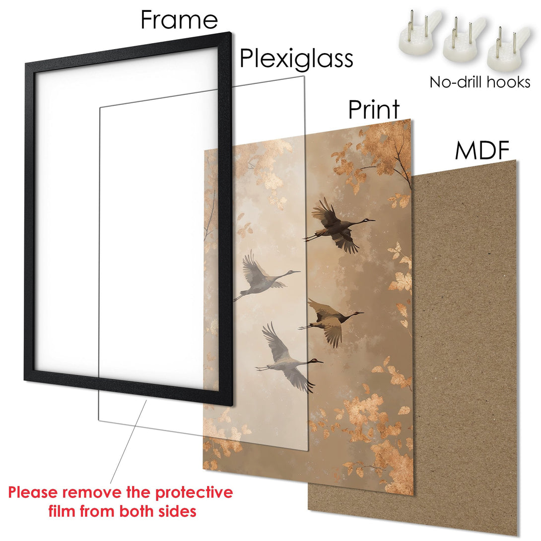 Framed Poster featuring cranes in flight, with a warm, earthy color palette. Decorate your home with this beautiful art.
