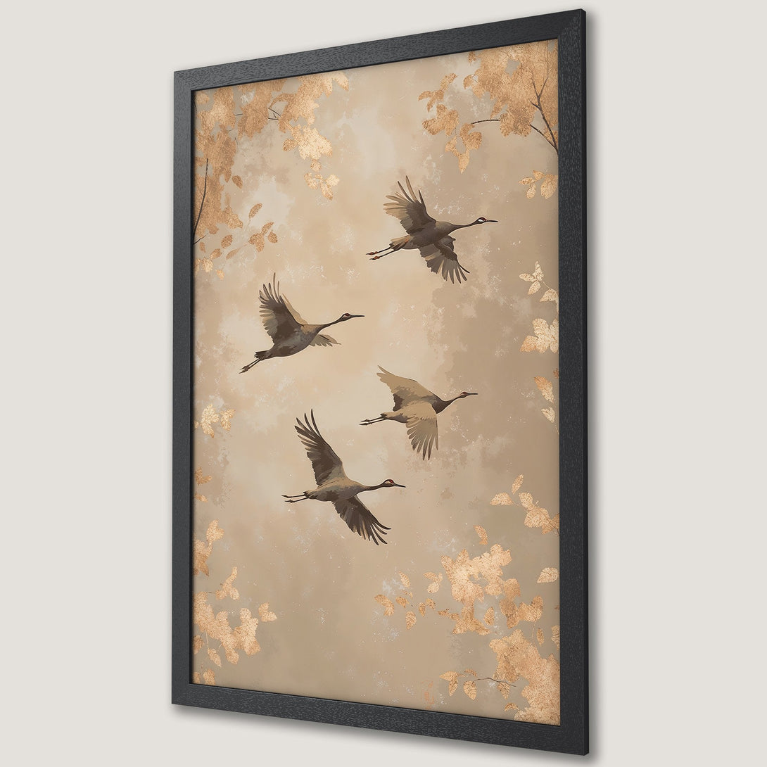 Framed Poster featuring cranes in flight, with gold leaf accents, in a neutral color palette. Elegant wall art for your home.