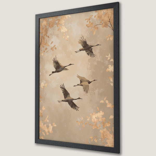 Framed Poster featuring cranes in flight, with gold leaf accents, in a neutral color palette. Elegant wall art for your home.