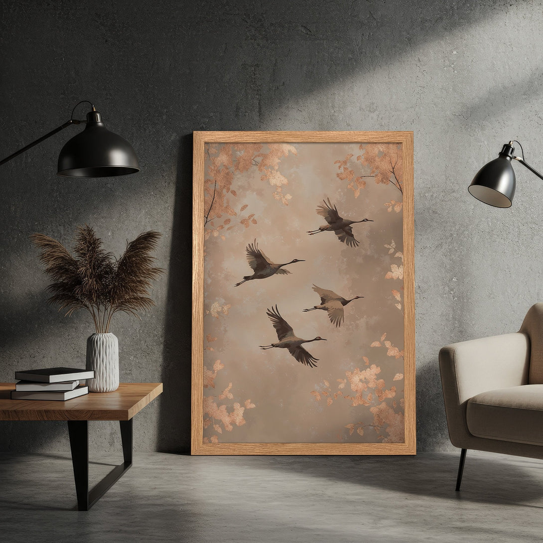 Framed Poster featuring cranes in flight, with a neutral color palette and a touch of gold, perfect for modern home decor.