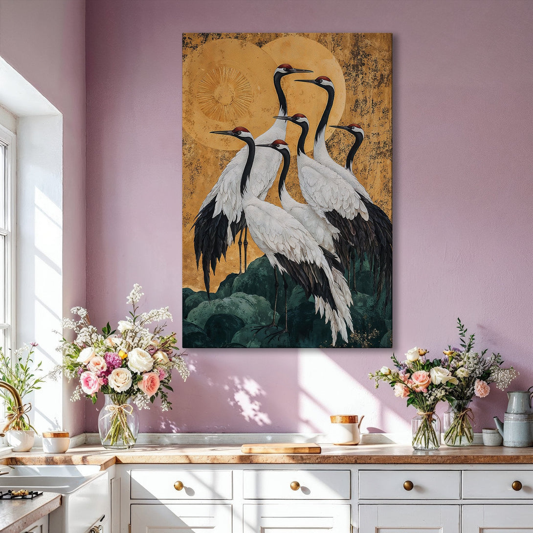 Framed Wall Art: Elegant crane painting with gold, black, and white palette. Adds a touch of sophistication to any interior. Shop now for stunning wall decor!