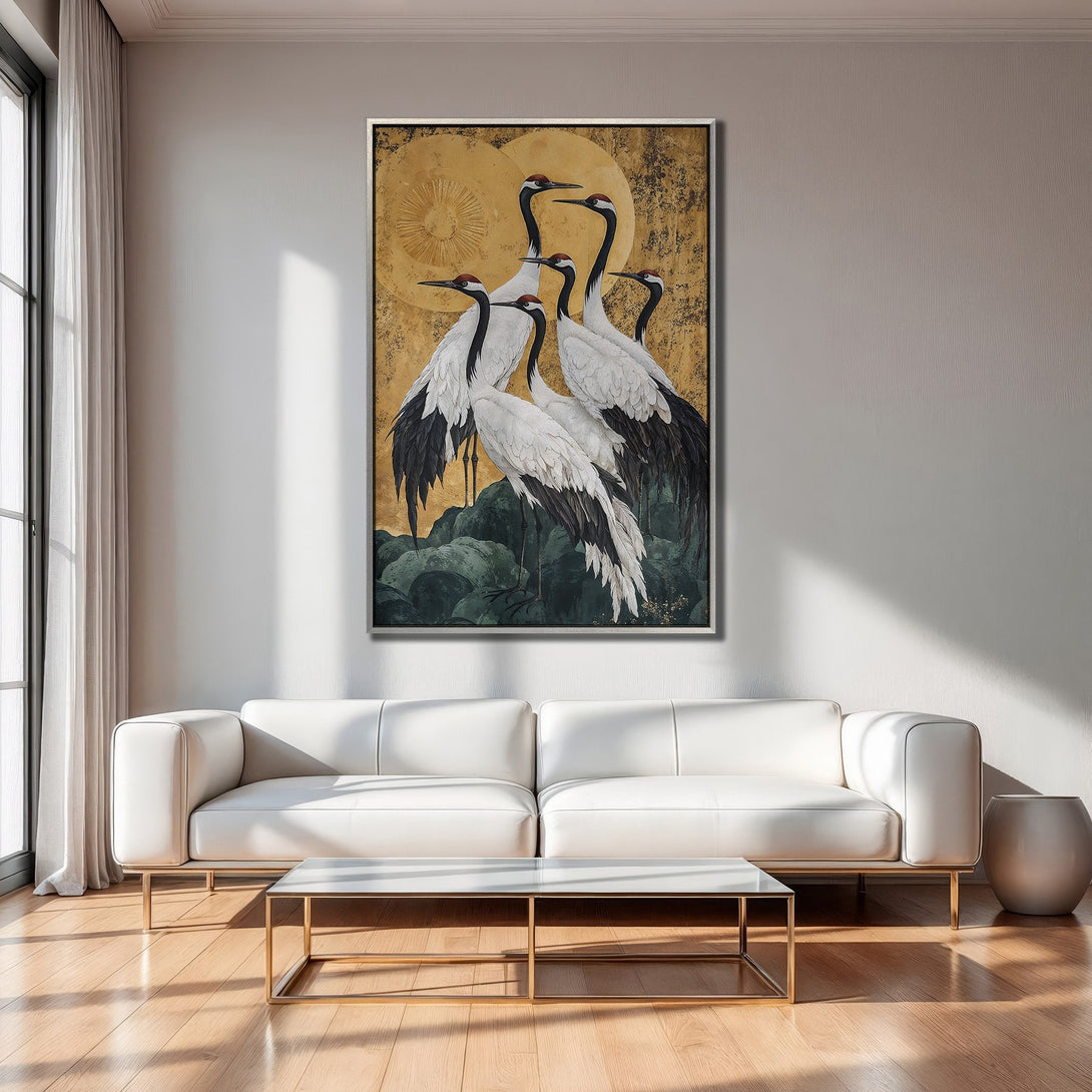 Framed Wall Art featuring elegant cranes in a gold and black palette. Perfect for adding a touch of zen to your living room.