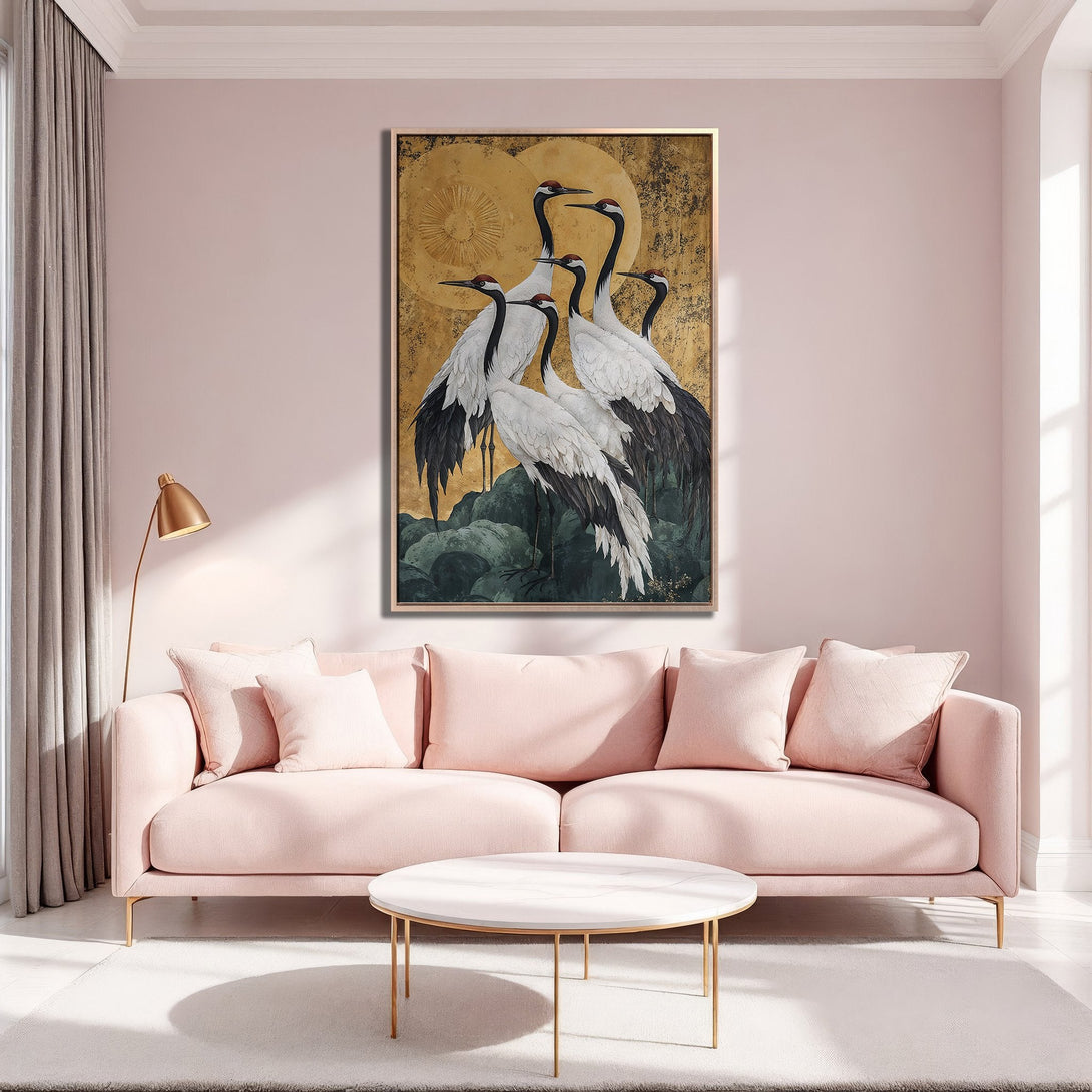 Framed Wall Art featuring elegant cranes in gold, black, and white. A stunning Canvas Print in a modern, minimalist interior with a blush pink color palette.